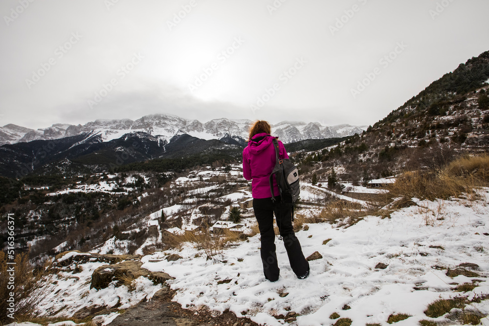 Young hiker girl enjoying in Querforadat, Cerdanya, Pyrenees, Spain