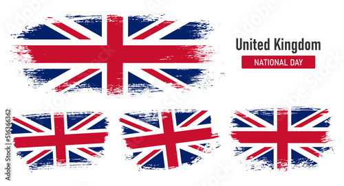Textured collection national flag of United Kingdom on painted brush stroke effect with white background