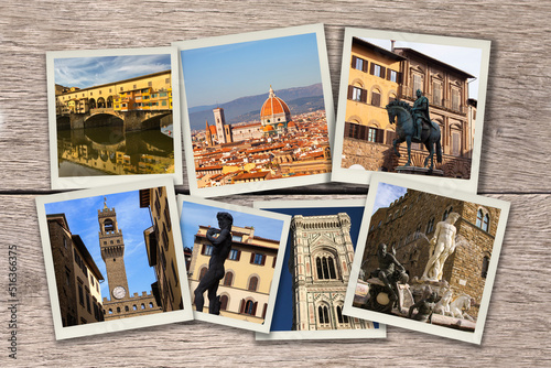 Images from Florence - Firenze - Italy - postcard collage on wooden background.