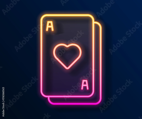 Glowing neon line Playing cards icon isolated on black background. Casino gambling. Vector