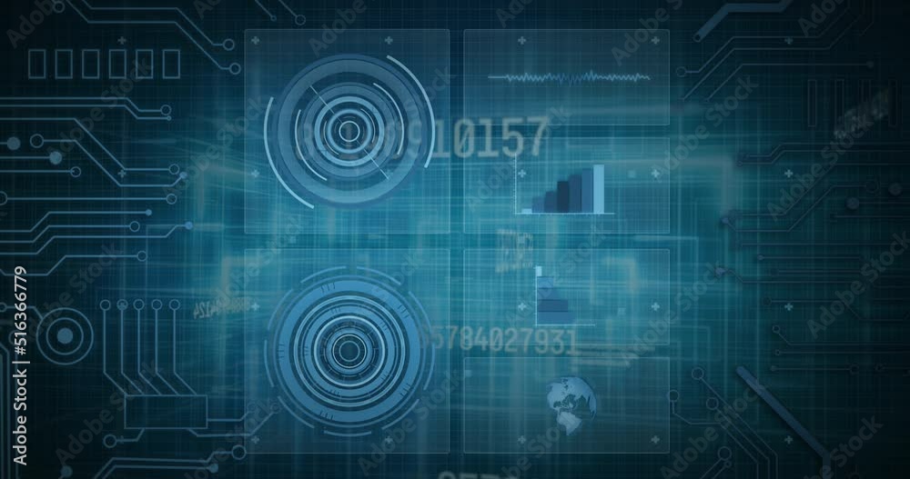 Animation of data processing and screens on blue background Animation of data processing and screens on blue background
