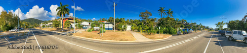 Airlie Beach, Australia - August 24, 2018: Panoramic 360 degrees view of Airlie Beach coastline from the top of the city hill