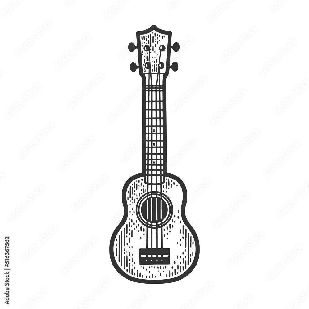 Ukulele Hawaii guitar sketch engraving raster illustration. T-shirt apparel print design. Scratch board imitation. Black and white hand drawn image.