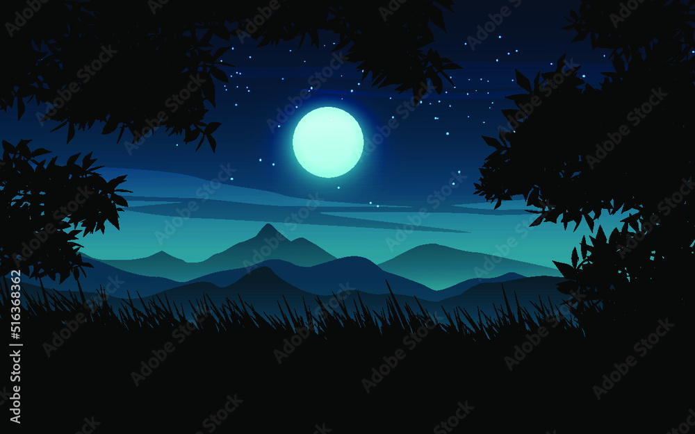 night landscape in woodland illustration with moon and stars