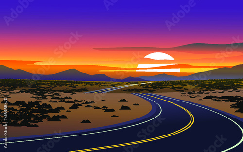 Desert road sunset landscape illustration