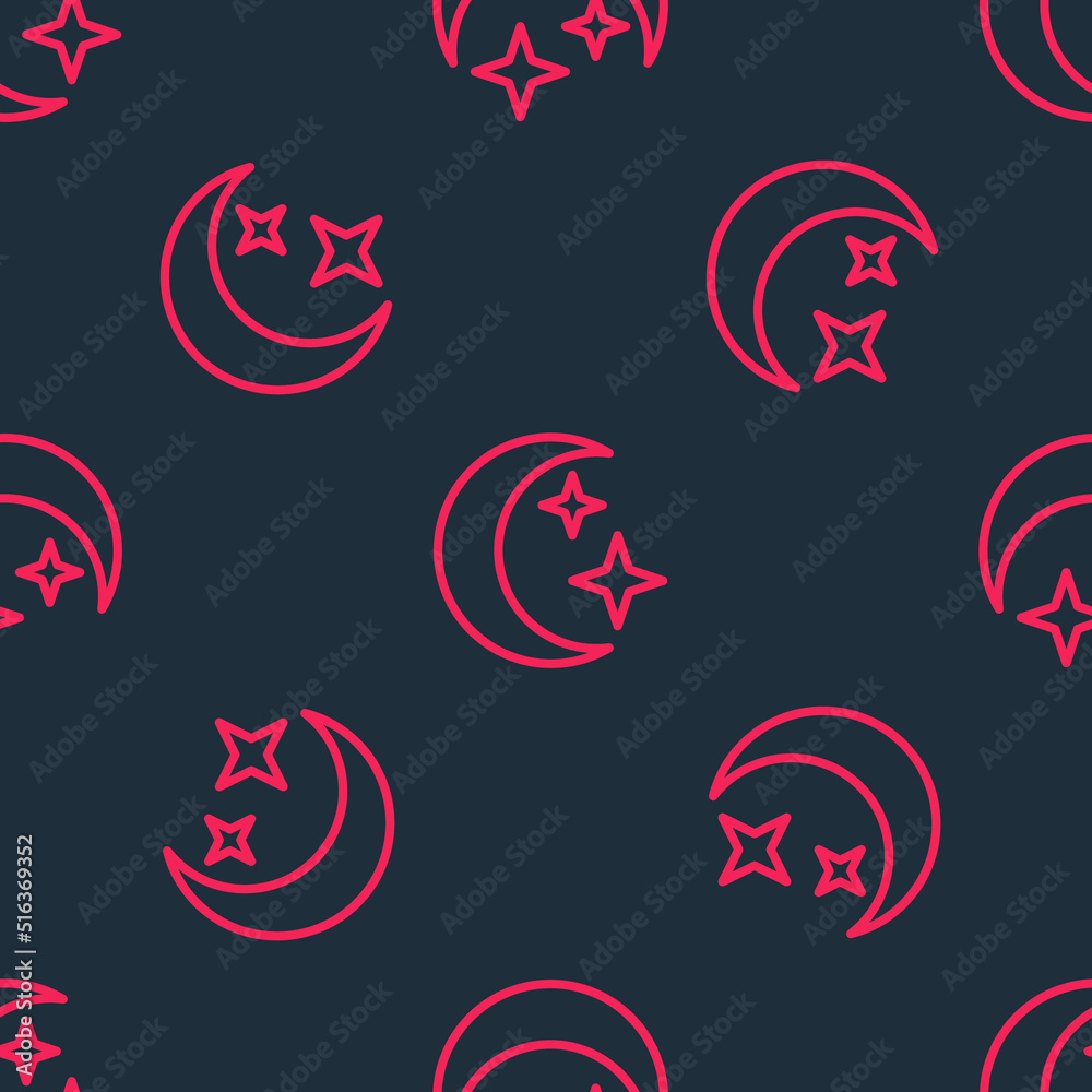 Red line Moon and stars icon isolated seamless pattern on black background. Cloudy night sign. Sleep dreams symbol. Full moon. Night or bed time sign. Vector