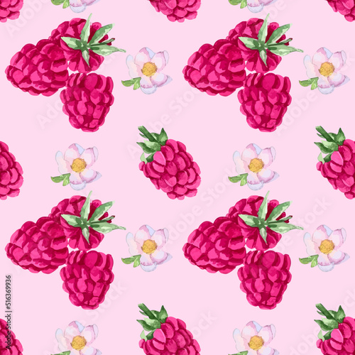 Watercolor hand drawing, vector, pattern, background, wallpaper, seamless, raspberry, flowers, dots, blobs, leaves, berry