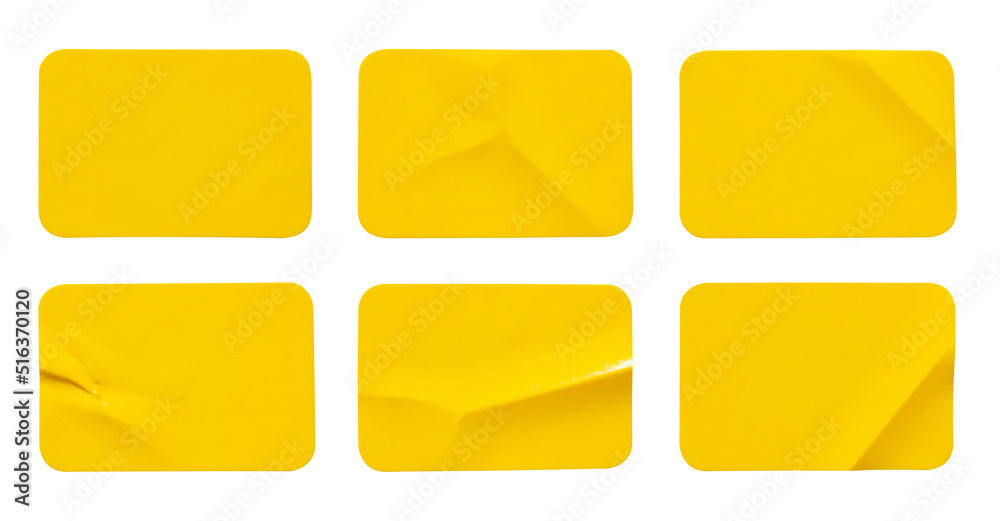 Yellow plastic sticker label isolated on white background