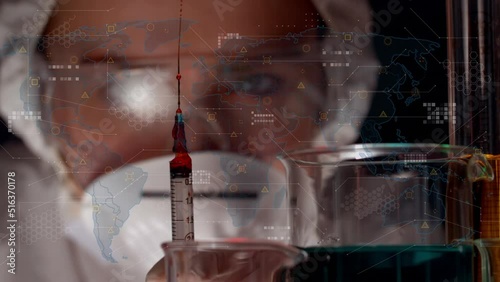 Animation of world map with data processing over caucasian female scientist holding syringe photo