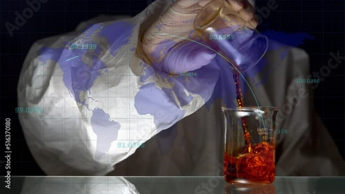 Animation of world map with data processing over scientist and beakers with liquid photo