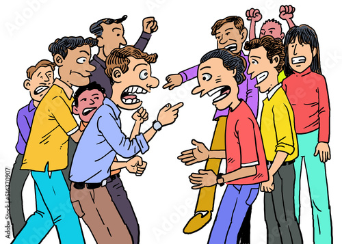 Two groups of demonstration screaming and shouting at each other.