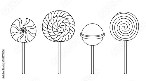 Outline icons of lollipops, sweet sucker candies on stick. Vector line set of round hard sugar candies with swirls, spiral and striped pattern. Circle caramels, twisted lollypops