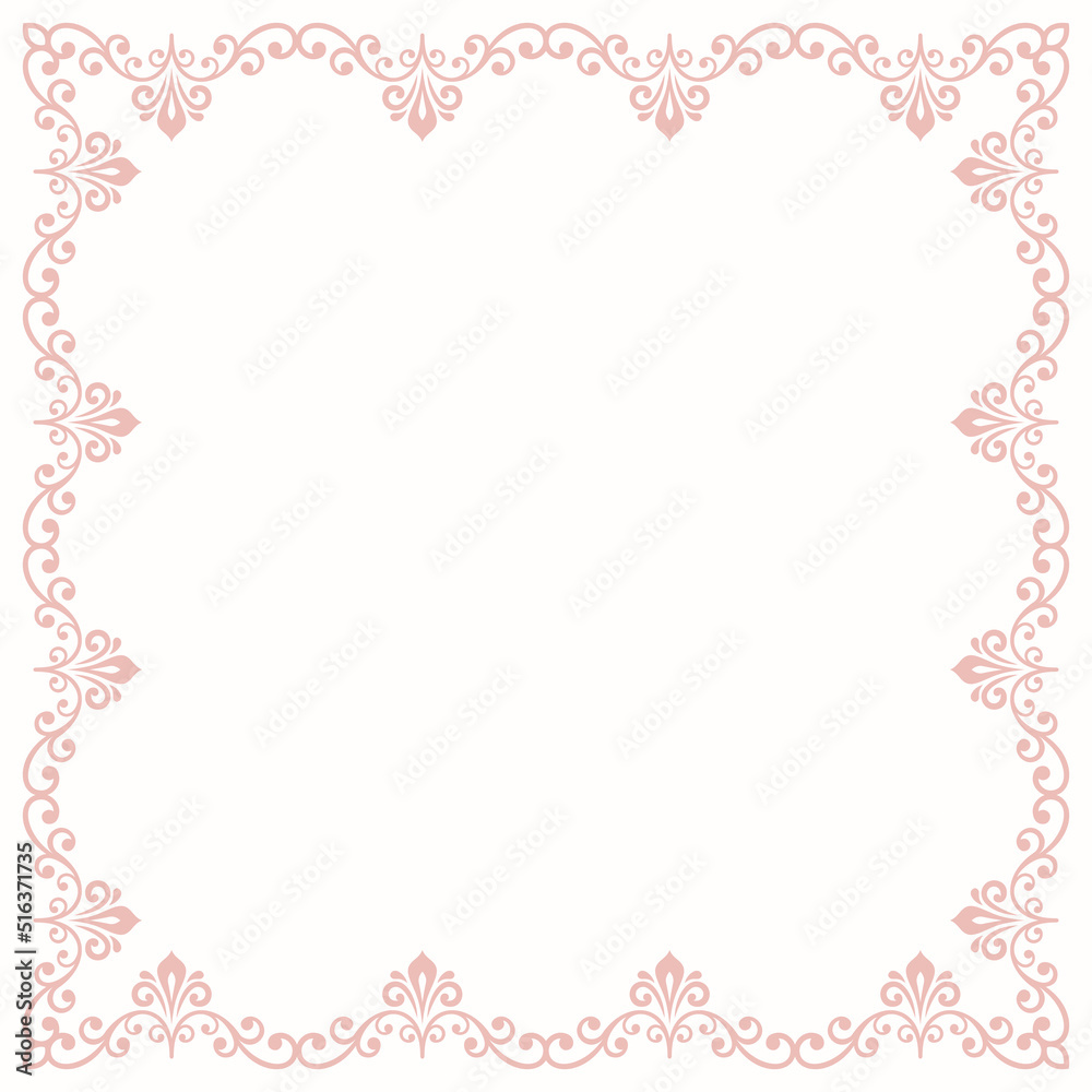Classic vector pink vintage square frame with arabesques and orient elements. Abstract ornament with place for text. Vintage pattern