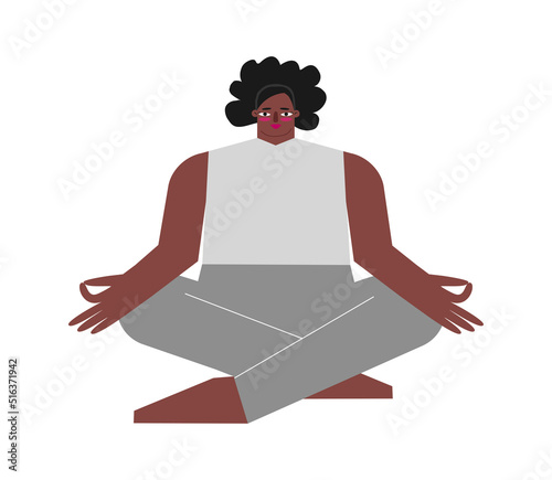 Vector isolated illustration with flat body positive sportive character. Strong african american woman learns basic posture and does Easy Pose at yoga class. Core exercise for meditation - Sukhasana