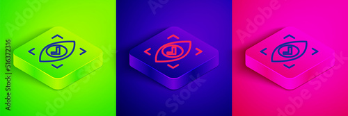 Isometric line Eye scan icon isolated on green, blue and pink background. Scanning eye. Security check symbol. Cyber eye sign. Square button. Vector