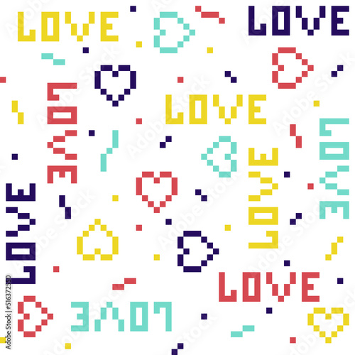 Seamless geometric vector pattern with hearts and words Love. Pixel texture for textile design.