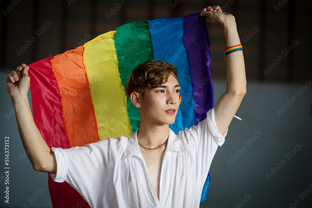 Fototapeta premium Portrait of handsome gay man holding rainbow flag with LGBT flag painted on his cheeks looking away and smiling.