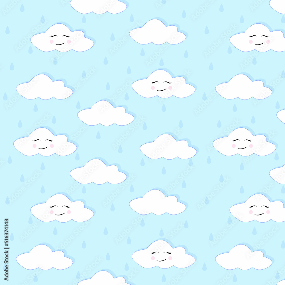 Cute Cartoon Face Cloud Seamless Pattern with rain drops.Blue background.Vector illustration Cute Cartoon Face Cloud Seamless Pattern with rain drops.Blue background.Vector illustration