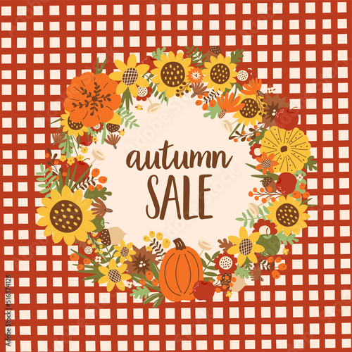 Fall wreath Autumn wreath illustration on red checkered background. Autumn sale banner Harvest fall farm market poster template with pumpkin apple sunflower fall leaves. Vector card. Thanksgiving day.