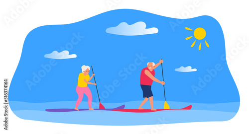 senior man and woman paddling on paddle board on the water summer vacation vector illustration