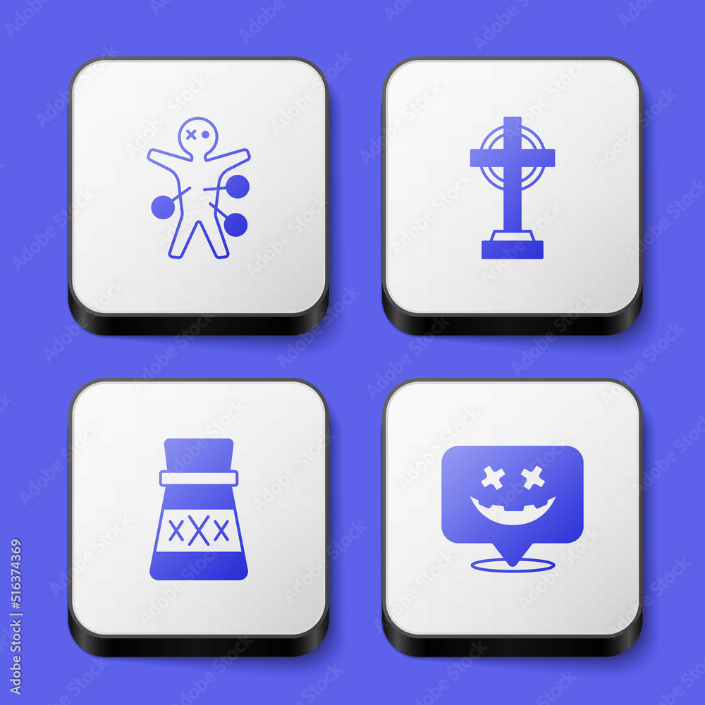 Set Voodoo doll, Tombstone with cross, Bottle potion and Happy Halloween holiday icon. White square button. Vector Set Voodoo doll, Tombstone with cross, Bottle potion and Happy Halloween holiday icon. White square button. Vector