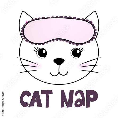Cat nap - funny doodle, Cat with sleeping mask, stars, hearts. Cartoon background, texture for bedsheets, pajamas.