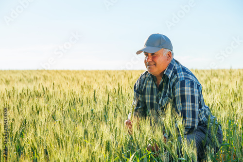 Photo Elderly male farmer in cap looking into distance with pensive face while sitting on haunches in agricultural field on summer day