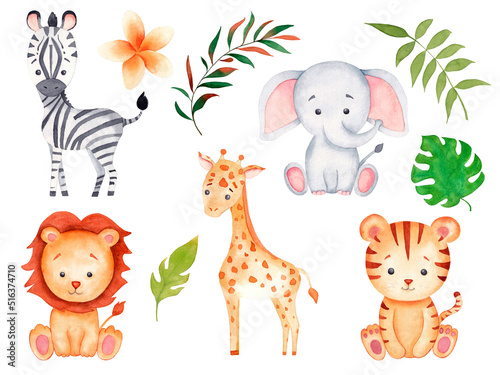 Safari animals watercolor illustration with baby elephant, lion, zebra, giraffe, tiger and tropical jungle foliage for nursery, postcards, invitations, logos, baby shower.