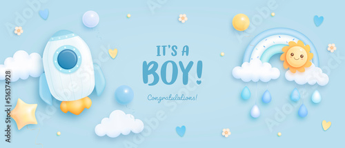 Baby shower horizontal banner with cartoon rocket, rainbow, sun, helium balloons and clouds on blue background. It's a boy. Vector illustration