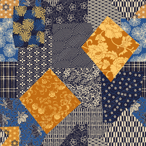 Traditional Japanese fabric patchwork wallpaper abstract vector  seamless pattern 