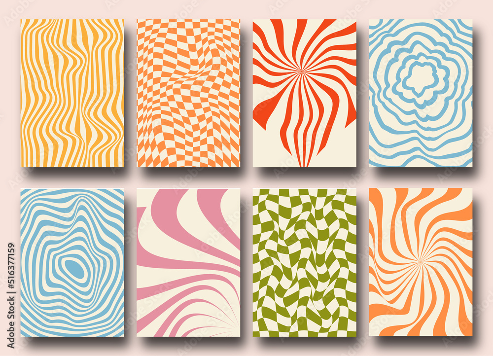 Vector set of Groovy hippie 70s backgrounds. Checkerboard, chessboard, mesh, waves patterns. Twisted and distorted vector texture in trendy retro psychedelic style. Y2k aesthetic.