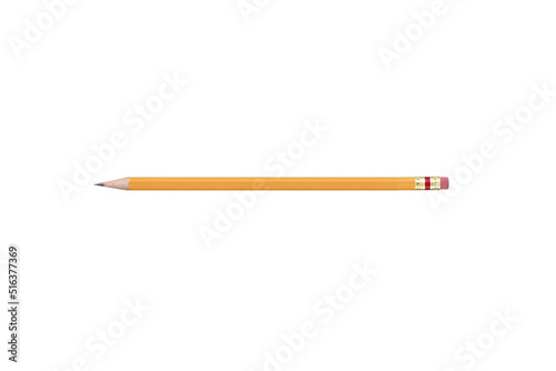 Realistic yellow pencil sharpened with red rubber isolated on white background. Wooden school pencil.
