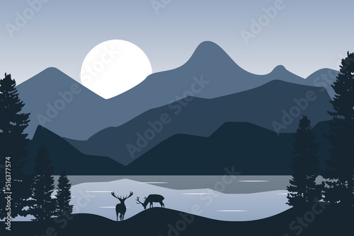 Mountain landscape with deer in a forest and lake