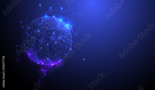 Futuristic metaverse digital sphere polygonal wireframe vector. Abstract blue purple stars on low poly geometric planet background.