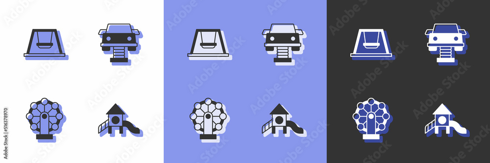 Set Slide playground, Swing for kids, Ferris wheel and car icon. Vector Set Slide playground, Swing for kids, Ferris wheel and car icon. Vector
