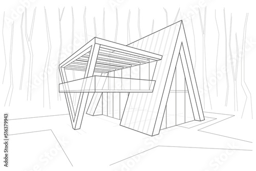 Linear architectural sketch residental building - scandinavian style forest cottage perspective on white background