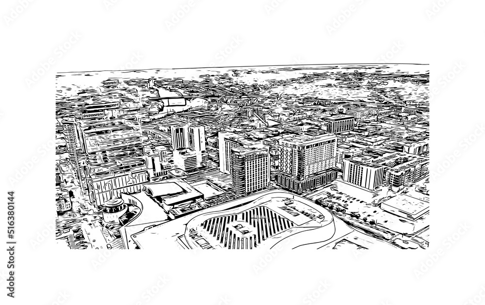 Building view with landmark of Nashville is the 
city in Tennessee. Hand drawn sketch illustration in vector.