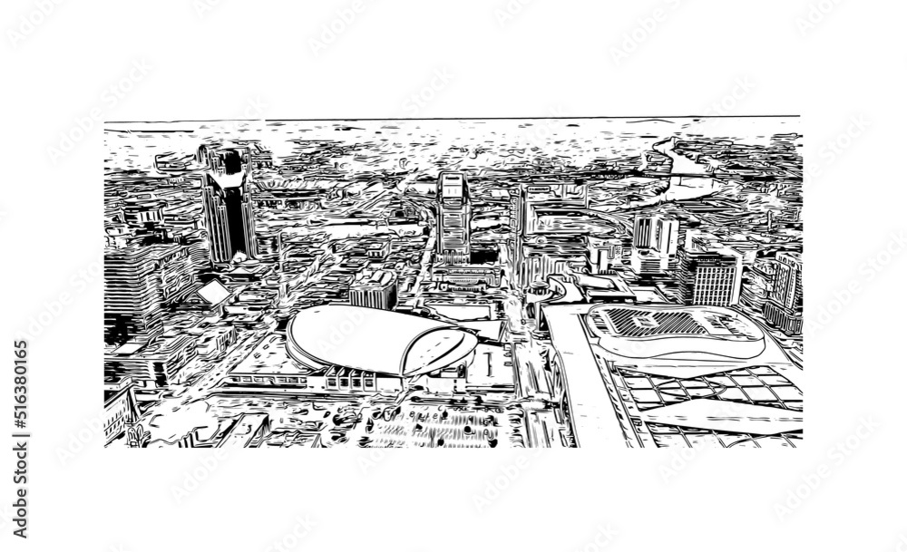 Building view with landmark of Nashville is the 
city in Tennessee. Hand drawn sketch illustration in vector.