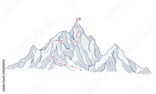 Mountain climbing route to top rock with red flag on peak. Business journey path in progress, way to success or concept of goal. Vector polygon dot connect line style