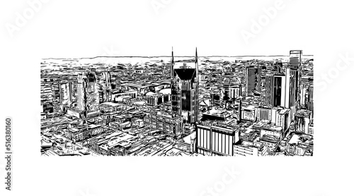 Building view with landmark of Nashville is the city in Tennessee. Hand drawn sketch illustration in vector.
