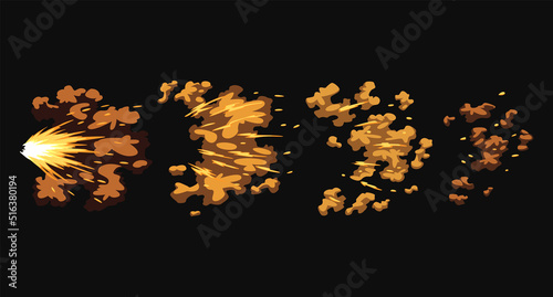 Gun flashes or gunshot animation. Collection of fire explosion effect during the shot with the gun. Cartoon flash effect of bullet starts. Shotgun fire, muzzle flash and explode