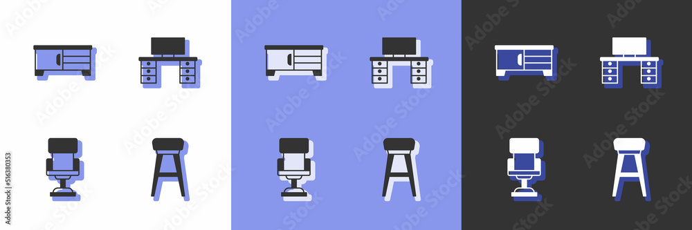 Set Chair, TV table stand, Office chair and desk icon. Vector