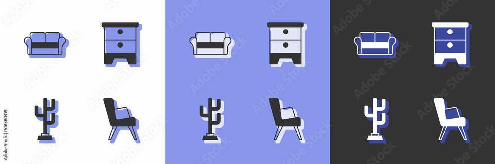 Set Armchair, Sofa, Coat stand and Furniture nightstand icon. Vector Set Armchair, Sofa, Coat stand and Furniture nightstand icon. Vector