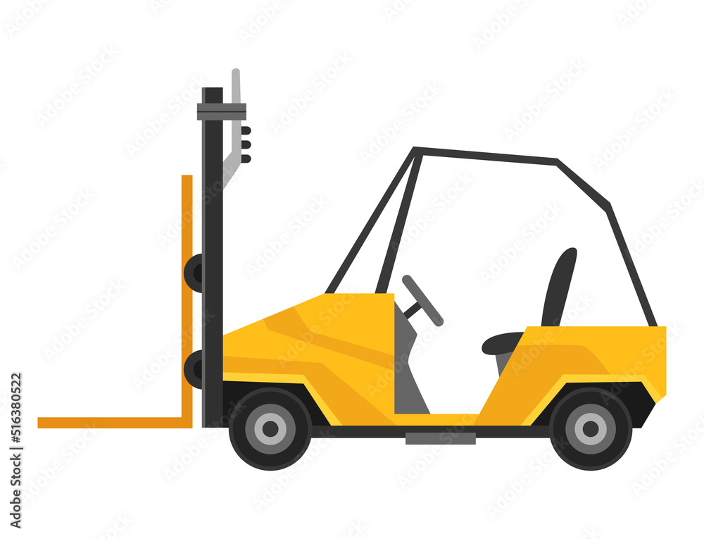 Forklift warehouse or storage equipment. Yellow machine without driver isolated on white background. Delivery, shipment or logistic cargo. Electric uploader. Supply storage service Forklift warehouse or storage equipment. Yellow machine without driver isolated on white background. Delivery, shipment or logistic cargo. Electric uploader. Supply storage service