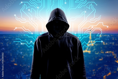 Hacker over Abstract Digital Background with Elements of Computer Programs. Concept of Data thief, internet fraud, darknet and cyber security.