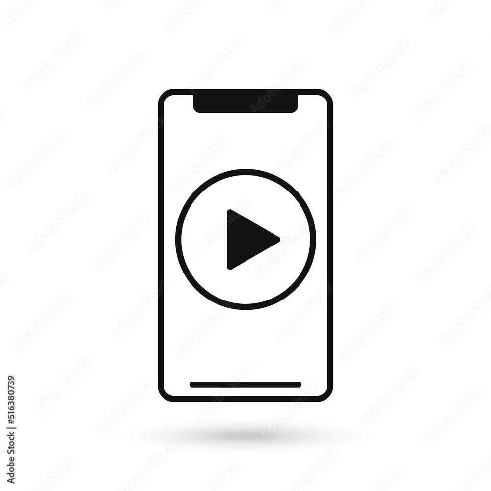 Mobile phone flat design icon with play button sign. Mobile phone flat design icon with play button sign.