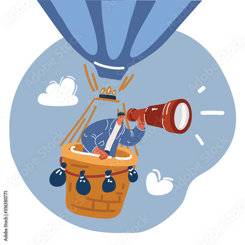 404 error, page not found, landing page template. Funny man is flying in hot air balloon. Male character looking through large spyglass. Disconnection, error page. Flat vector illustration