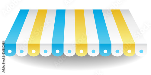 Awning element. Sunshade prevent sunlight and rain. Shop decorating. Outdoor vintage striped canopy. Marketplace tent roof, template for design