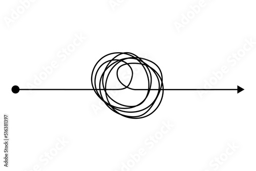 Arrow chaos mindset mess. Doodle knot line concept with freehand scrawl sketch. Vector hand drawn difficult thought process. Tangle path photo