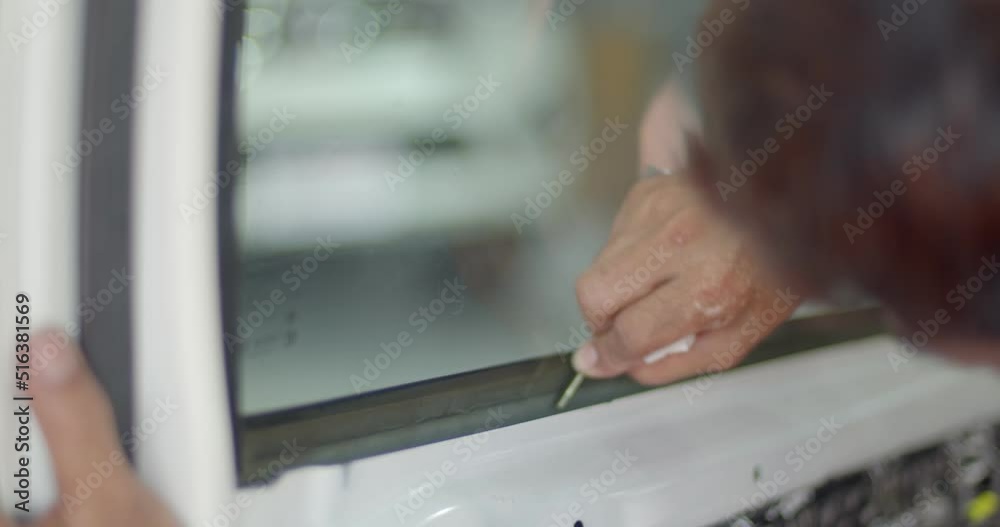Use a sharp blade to swipe on the glass to remove any glue residue on the glass to prepare the glass for re-applying the film. Use a sharp blade to swipe on the glass to remove any glue residue on the glass to prepare the glass for re-applying the film.